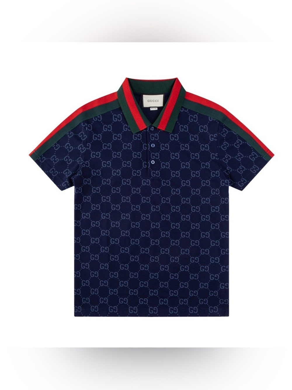 Gucci Navy GG Jacquard Polo with Red & Green Stripe